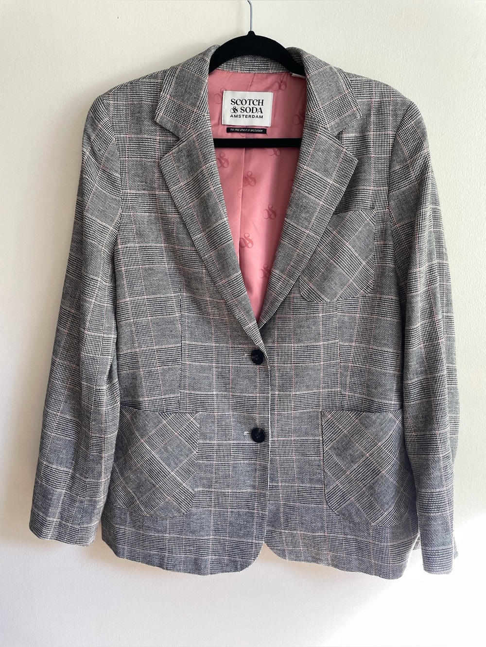 Scotch & Soda Gray Glen Plaid Blazer with Pink Lining